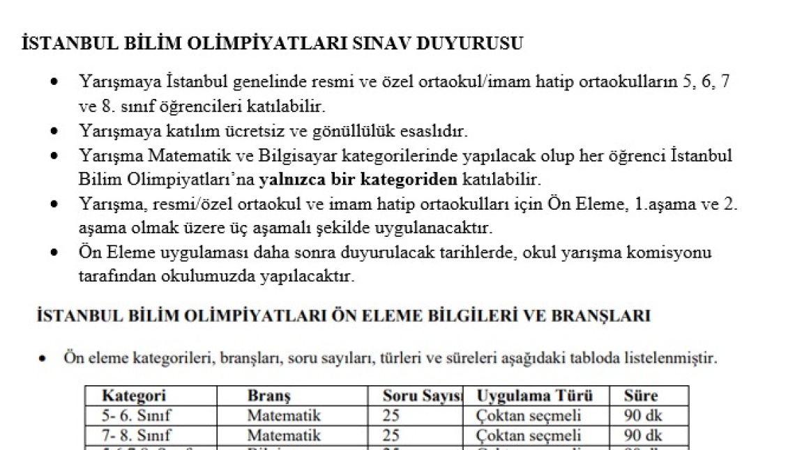 İstanbul Bilim Olimpiyatları Sınav Duyurusu 